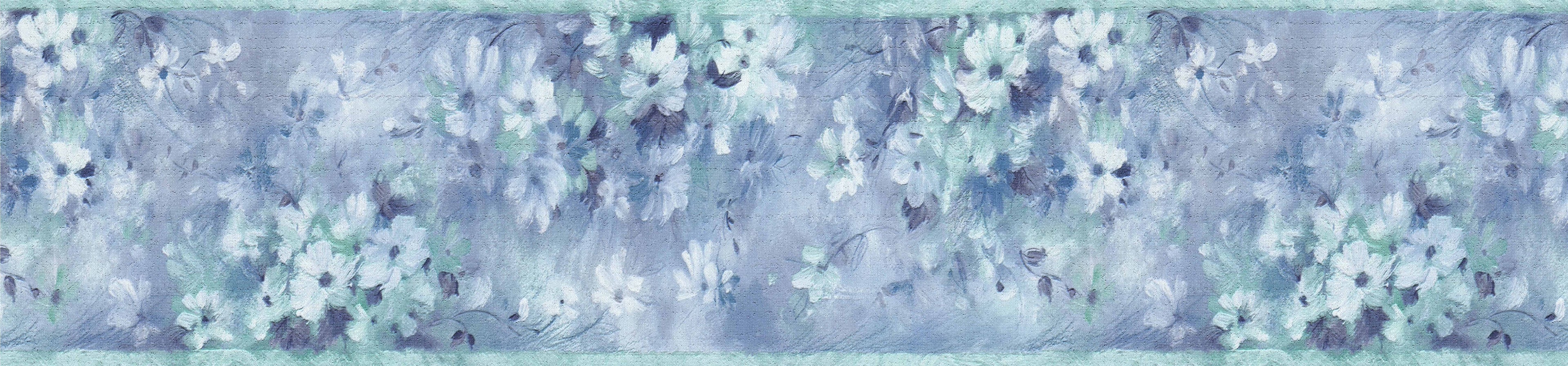Dundee Deco's Peel and Sizetick Wallpaper Border - Abstract Blue Teal Ivory Flowers Wall Border Retro Design, 15 ft x 7 in, Sizeelf Adhesive