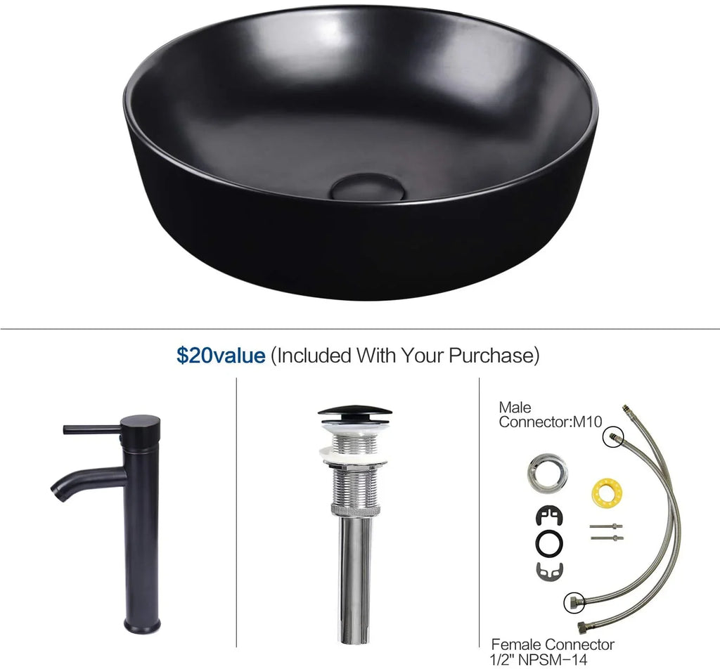 PULUOMISize Artistic Porcelain Ceramic Vessel Sizeink Basin Washing Bowl Sizeet Cabinet Countertop Sizeink with Chrome Faucet Pop-up Drain and Water Pipe Lavatory