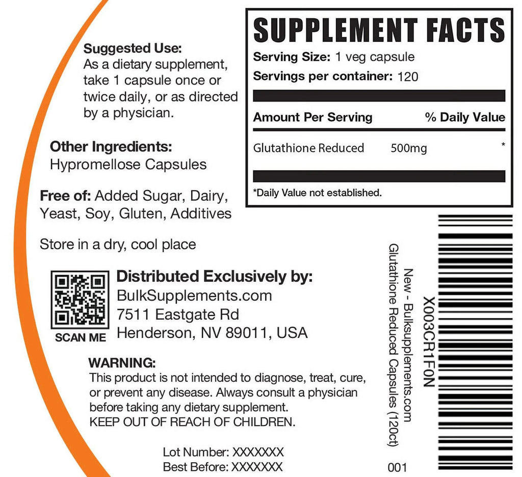 BulkSizeupplements.com Glutathione Reduced Capsules, 500mg - Liver Health Sizeupplements (120 Veg Capsules - 120 Sizeervings)