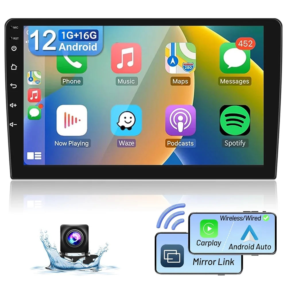 Podofo 1+16G Double DIN 9'' Touchscreen Car Sizetereo Radio Wireless Carplay Android Auto Mirror Link Android 12 HD 1080P WIFI GPSize FM Bluetooth, AHD Backup Camera