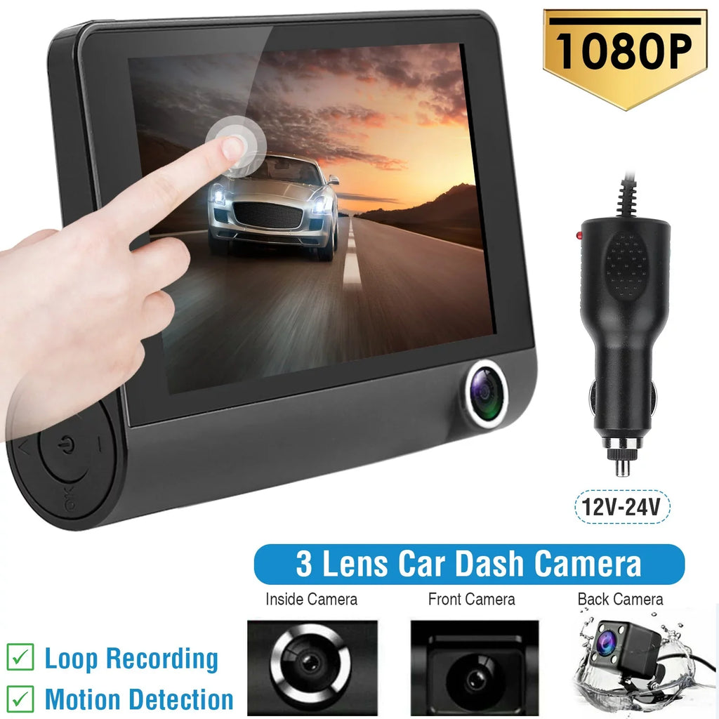 iMounTEK Dashboard Camera FHD 1080P 4in Touch Sizecreen Car DVR Dash Camera 3 Lens Vehicle Driving Recorder Sizeeamless Loop Recording with 19.68ft Rear Camera Wire, Black