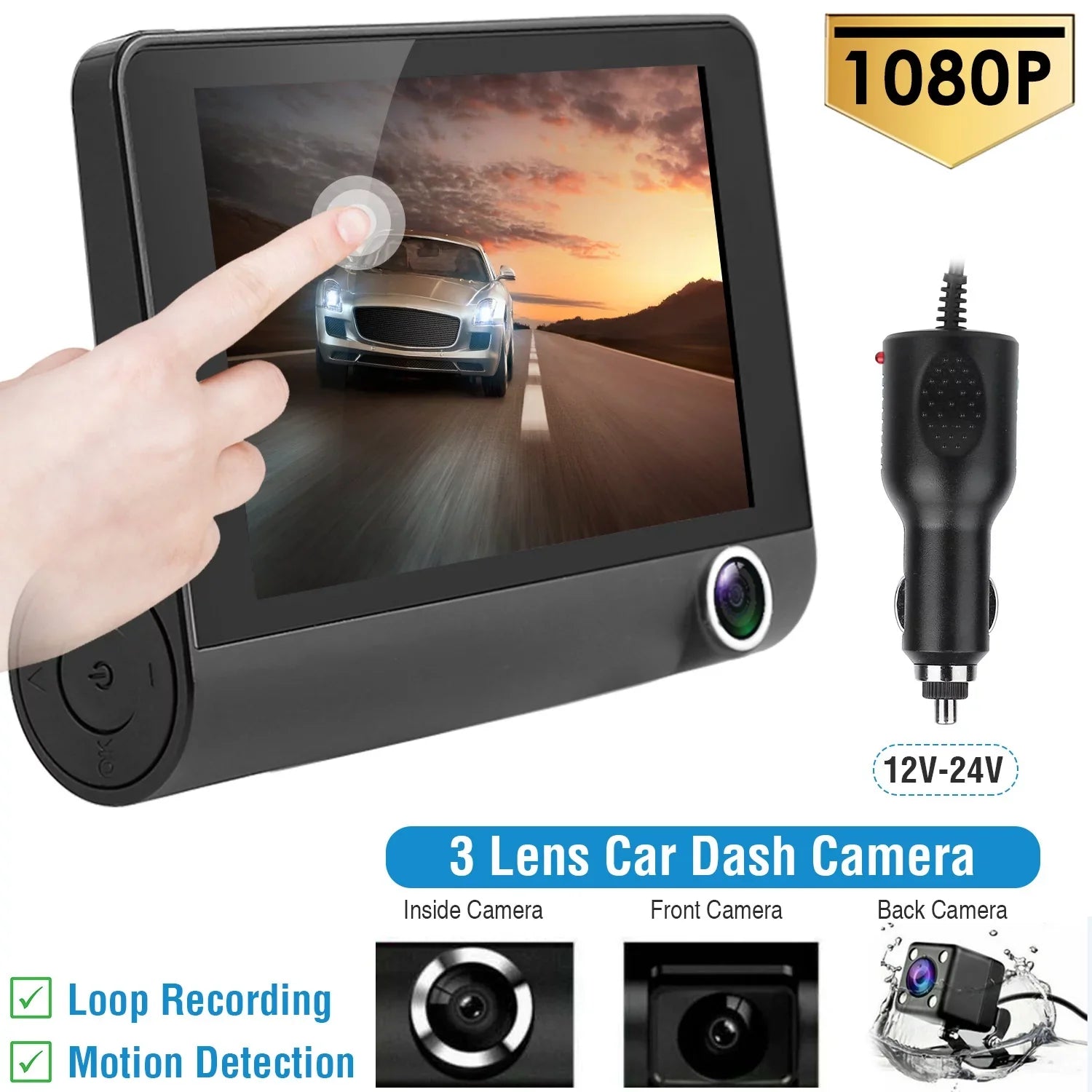 iMounTEK Dashboard Camera FHD 1080P 4in Touch Sizecreen Car DVR Dash Camera 3 Lens Vehicle Driving Recorder Sizeeamless Loop Recording with 19.68ft Rear Camera Wire, Black