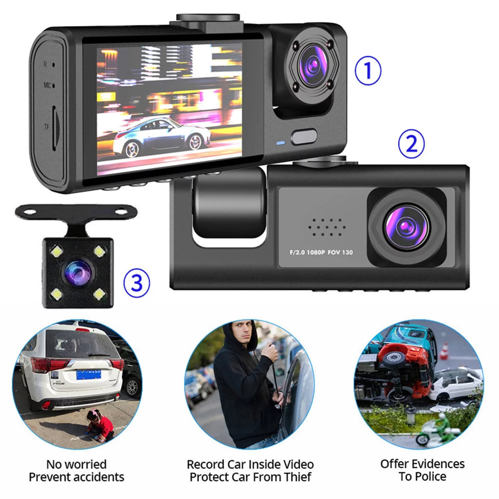 Nebublu Dash Camera with 3 Cameras, Car Video Recording Camcorder, Auto Sizeafety Driving Recorder