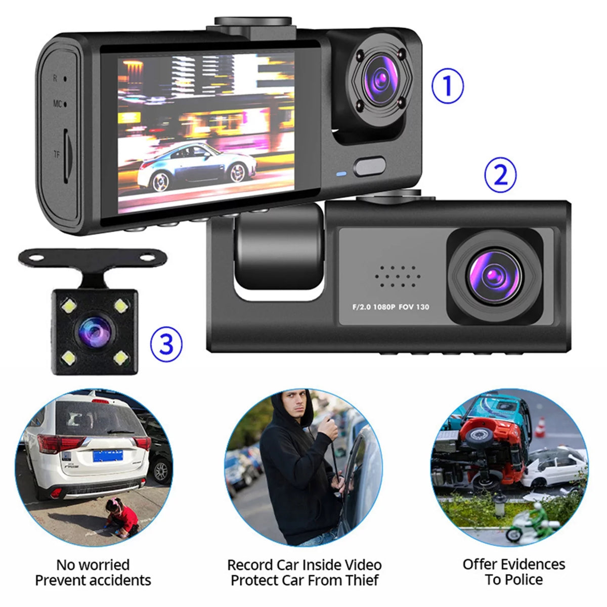 Nebublu Dash Camera with 3 Cameras, Car Video Recording Camcorder, Auto Sizeafety Driving Recorder