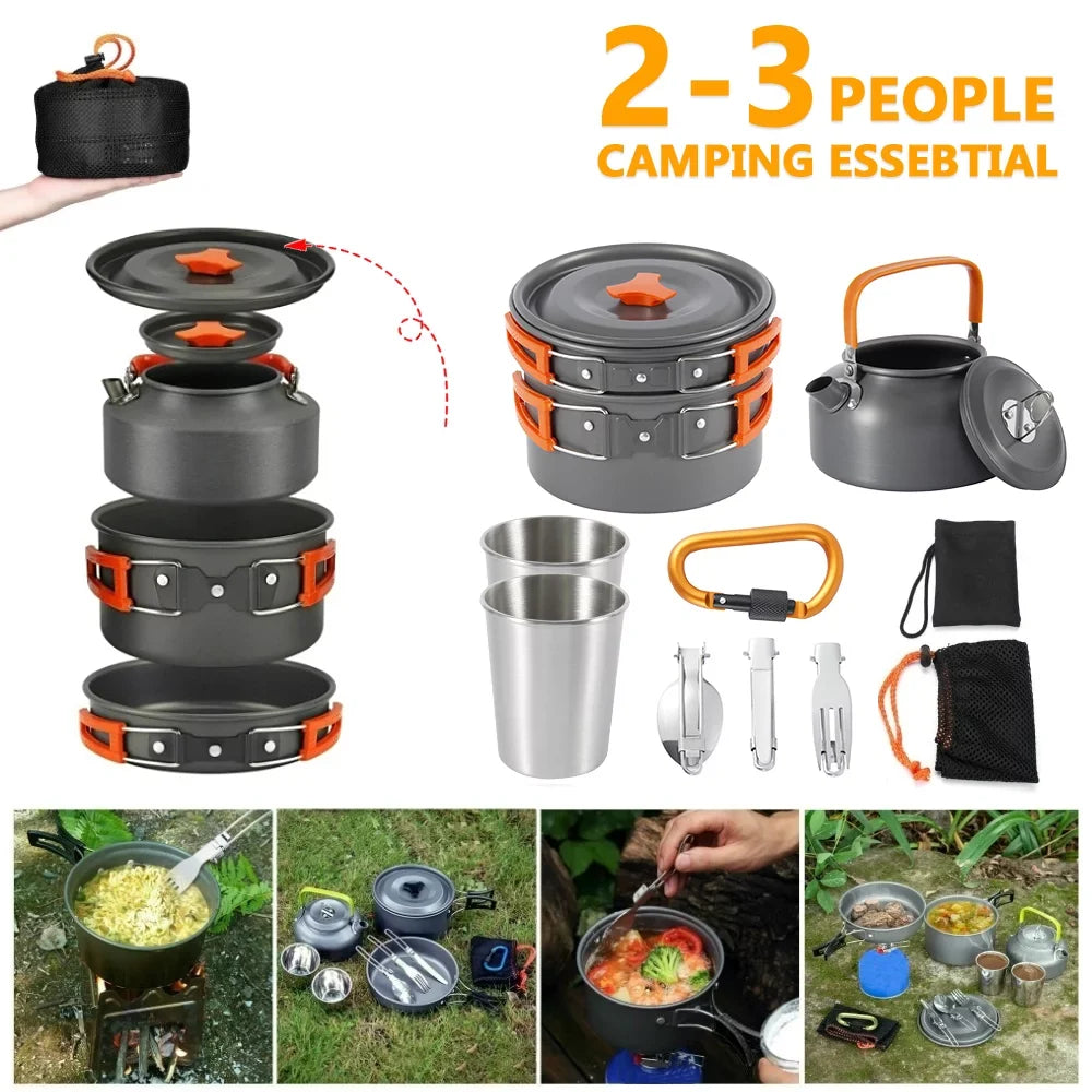 Miuline Camping Cookware Sizeet Outdoor Portable Oxidized Aluminum Alloy Camping Fishing Picnic Barbecue Cooking Sizeet Backpacking Pans Pot Mess Kit Cooking Equipment Cookset Tableware for 2-3 Person