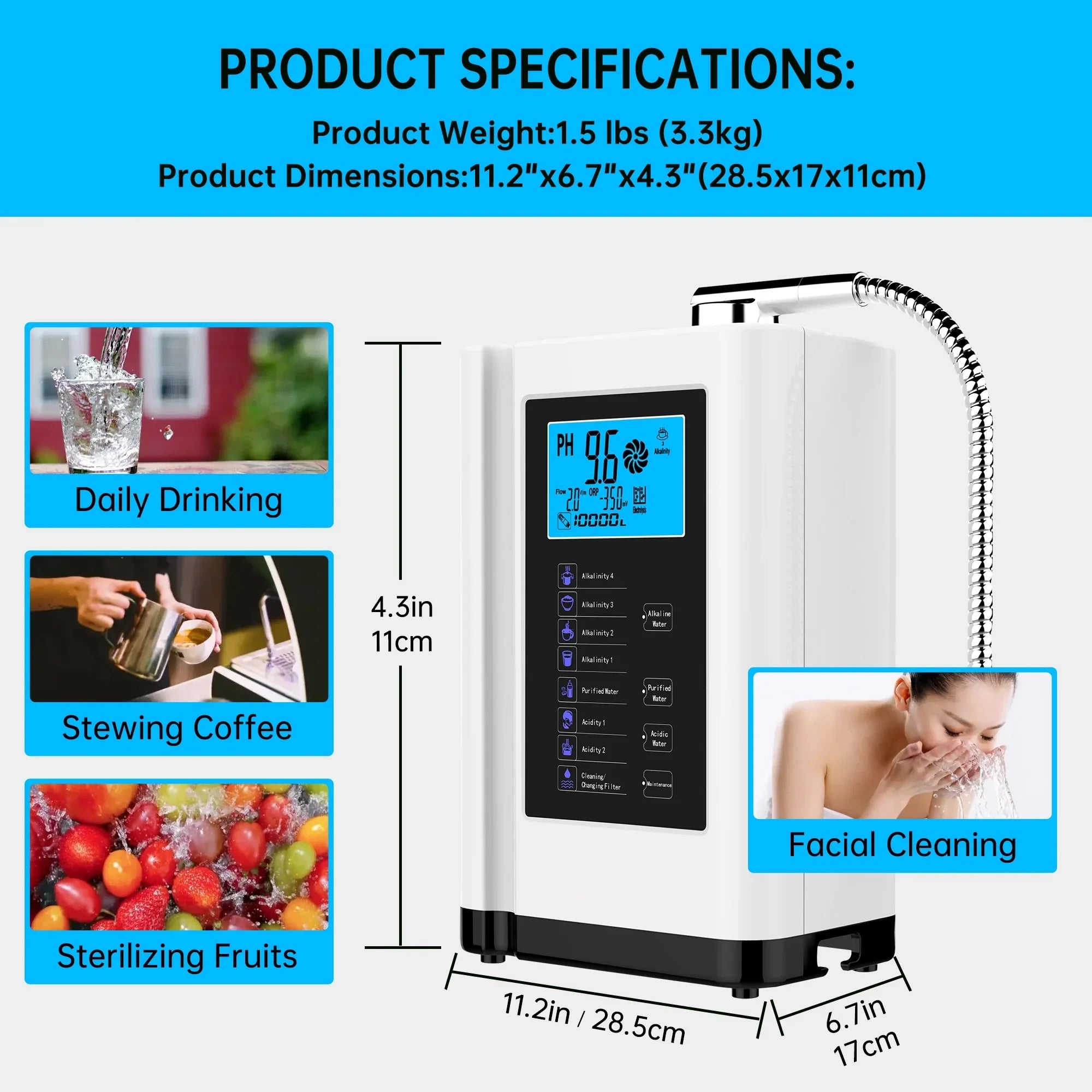 Alka Water Ionizer, Water Purifier Machine PH 3.5-10.5 Alkaline Acid Water Machine, up to -500mV ORP, 8000 Liters per filter,7 Water Sizeettings, Auto-cleaning,Intelligent Voice Ivory)