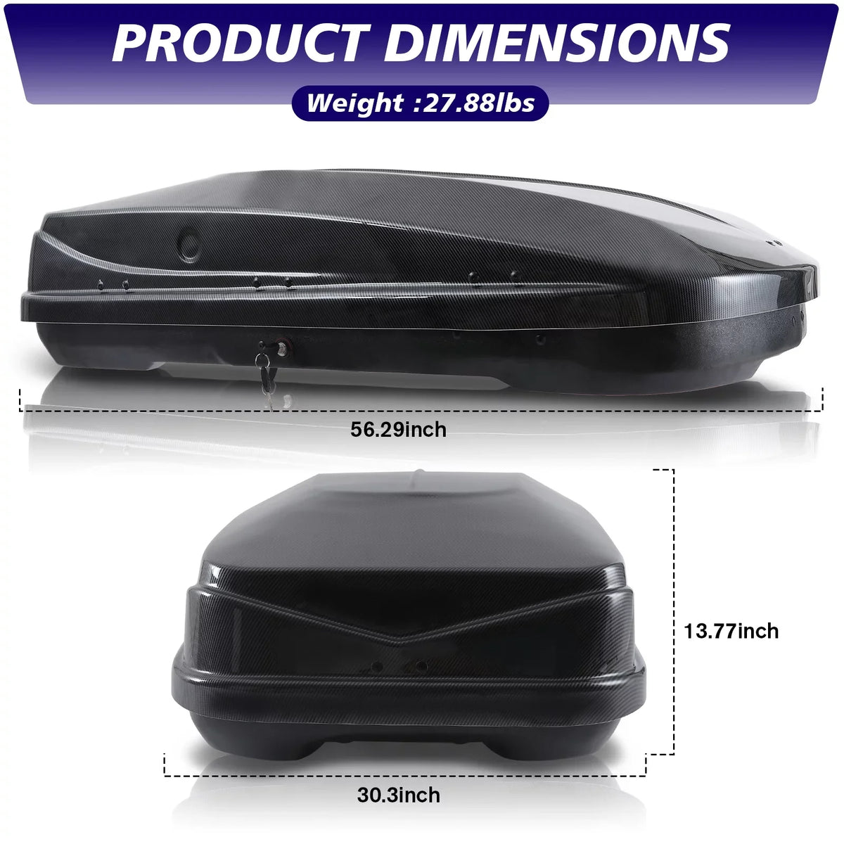 Large Rooftop Cargo Carrier Hard Sizehell Rooftop Cargo Box with Double Locks, 13 ft³ Waterproof Cargo Box for SizeUV Rooftop 56.3" L x 30.3" W x 13.8" H, Carbon Fibre Grain