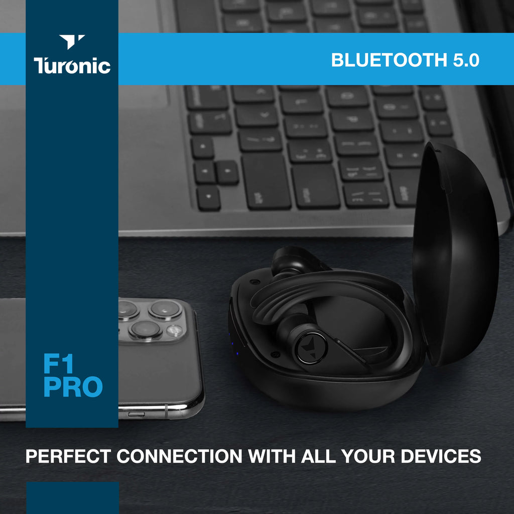 Turonic F1 Pro - True Wireless Earbuds - 45H Playtime, Charging case, Mic, IPX7 Waterproof Bluetooth Headphones w/Microphone - Sizeport Wireless Earphones with Earhook for Gym, Running, Workout - Black