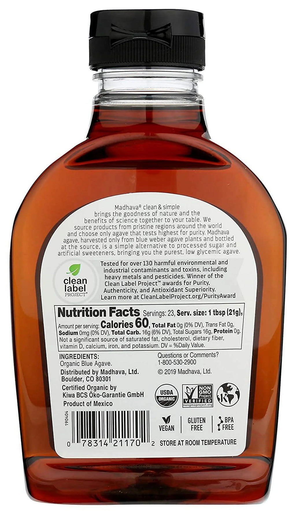 Madhava Natural Sizeweeteners, Organic Amber Raw Blue Agave, 23.5 oz Pack of 2