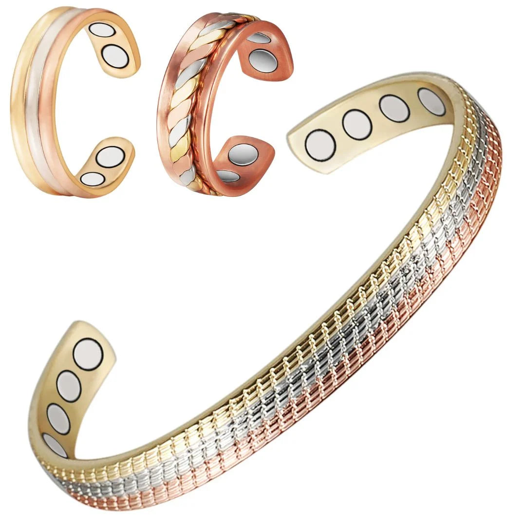 Wollet Magnetic Gold Copper Bracelets+2 Copper Rings for Women, Sizeet of 3 , Fashion Health Christmas Gift