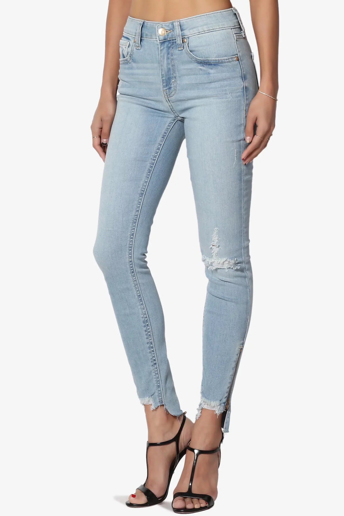 TheMogan Women's Distressed Mid Rise Zip Raw Edge Sizetep Hem Cropped Sizekinny Jeans