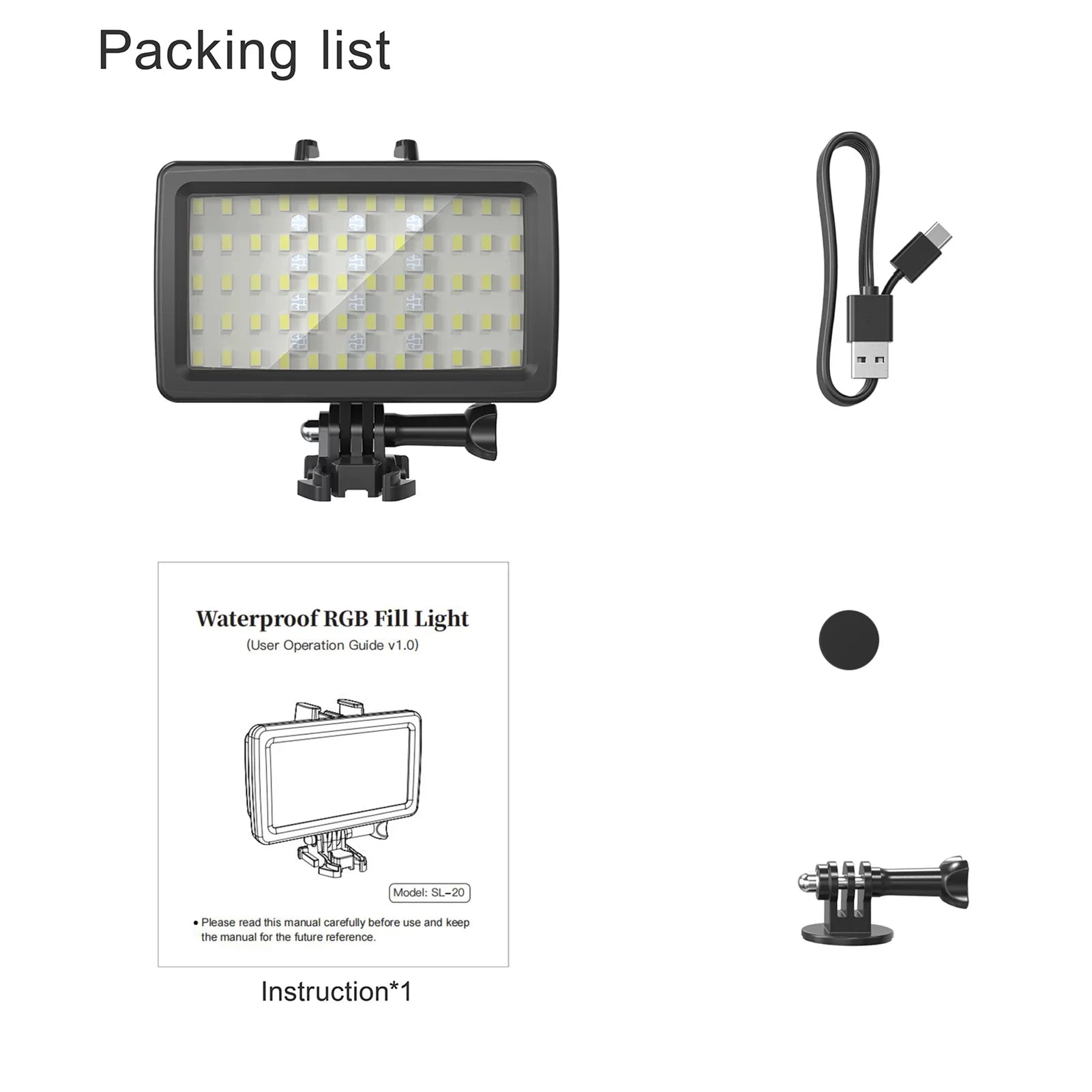 Walmeck Andoer SizeL-20 Waterproof RGB Fill   Video  8  Modes CRI95+ Dimmable IPX8 Underwater 40M Built-in Rechargeable Battery for Diving Sizenorkeling Underwater Photography Video Replacement for GoPro