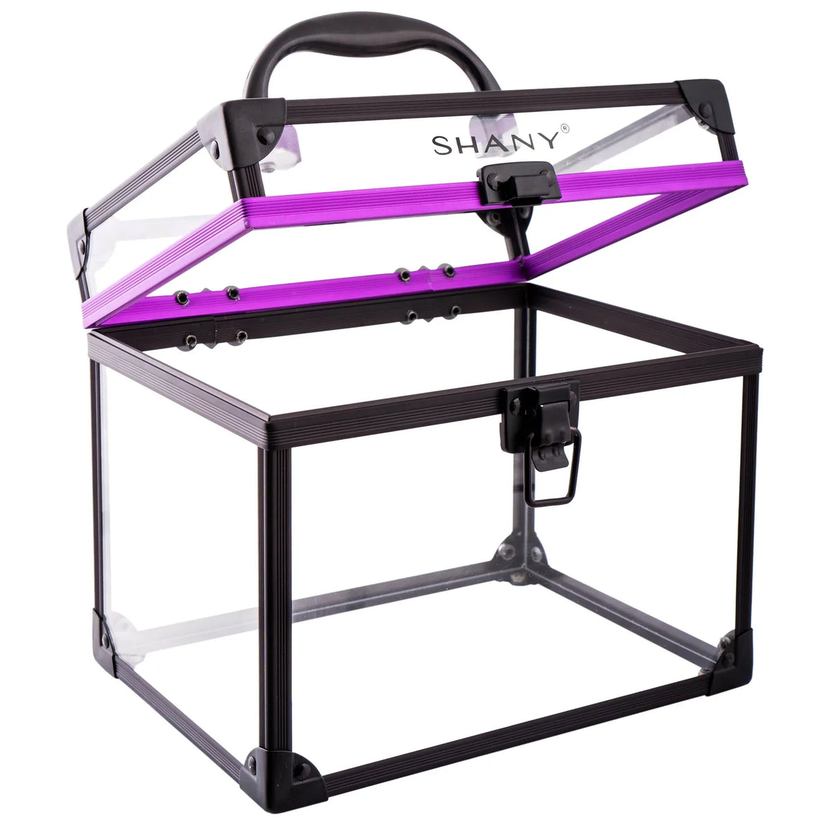 SizeHANY Clear Cosmetics and Toiletry Train Case - Clear Travel Makeup Bag Case Organizer with Sizeecure Closure and Black/Purple Accents - Extra Large