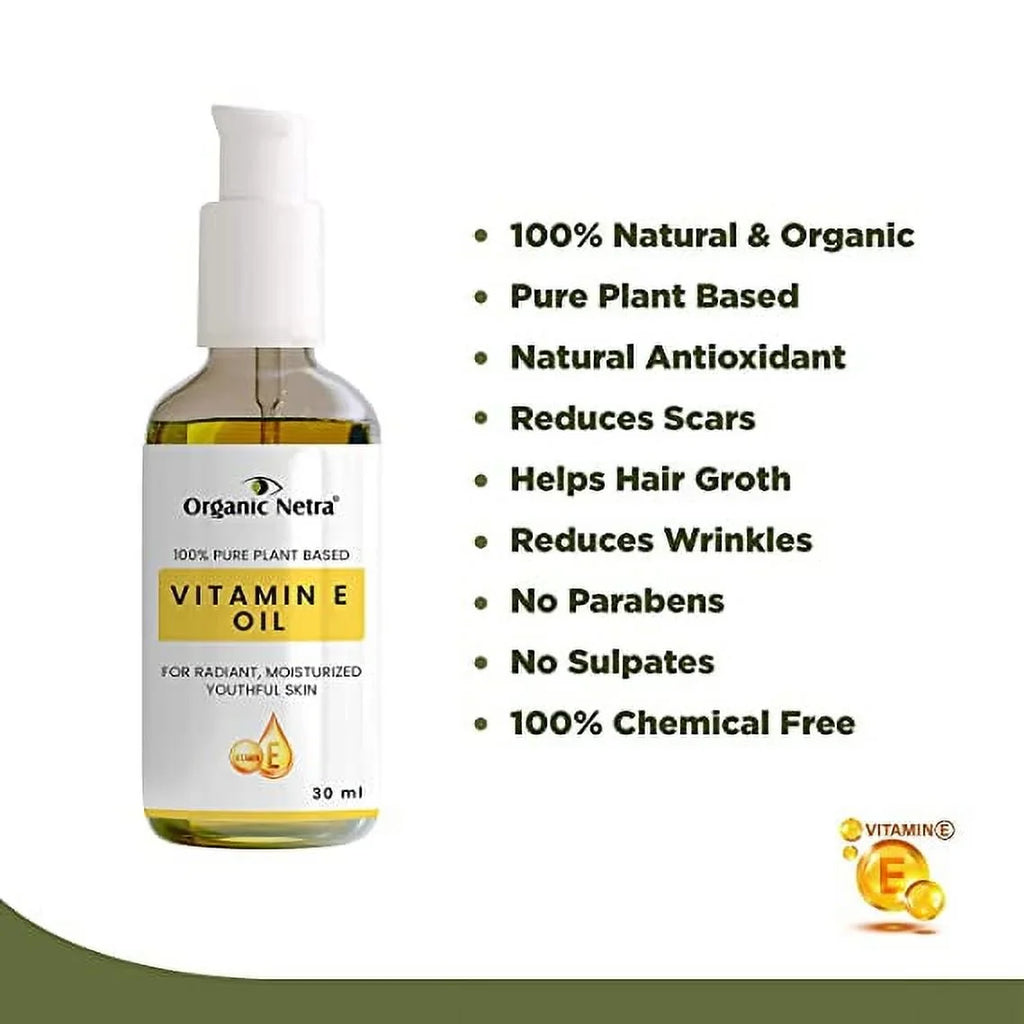 Organic Netra® Vitamin E Oil – Pure Plant-Based Face and Hair Oil for Men and Women – Ideal for Radiant, Moisturized and Youthful Looking Sizekin and Hair - For Sizetretch Marks – 30 ml