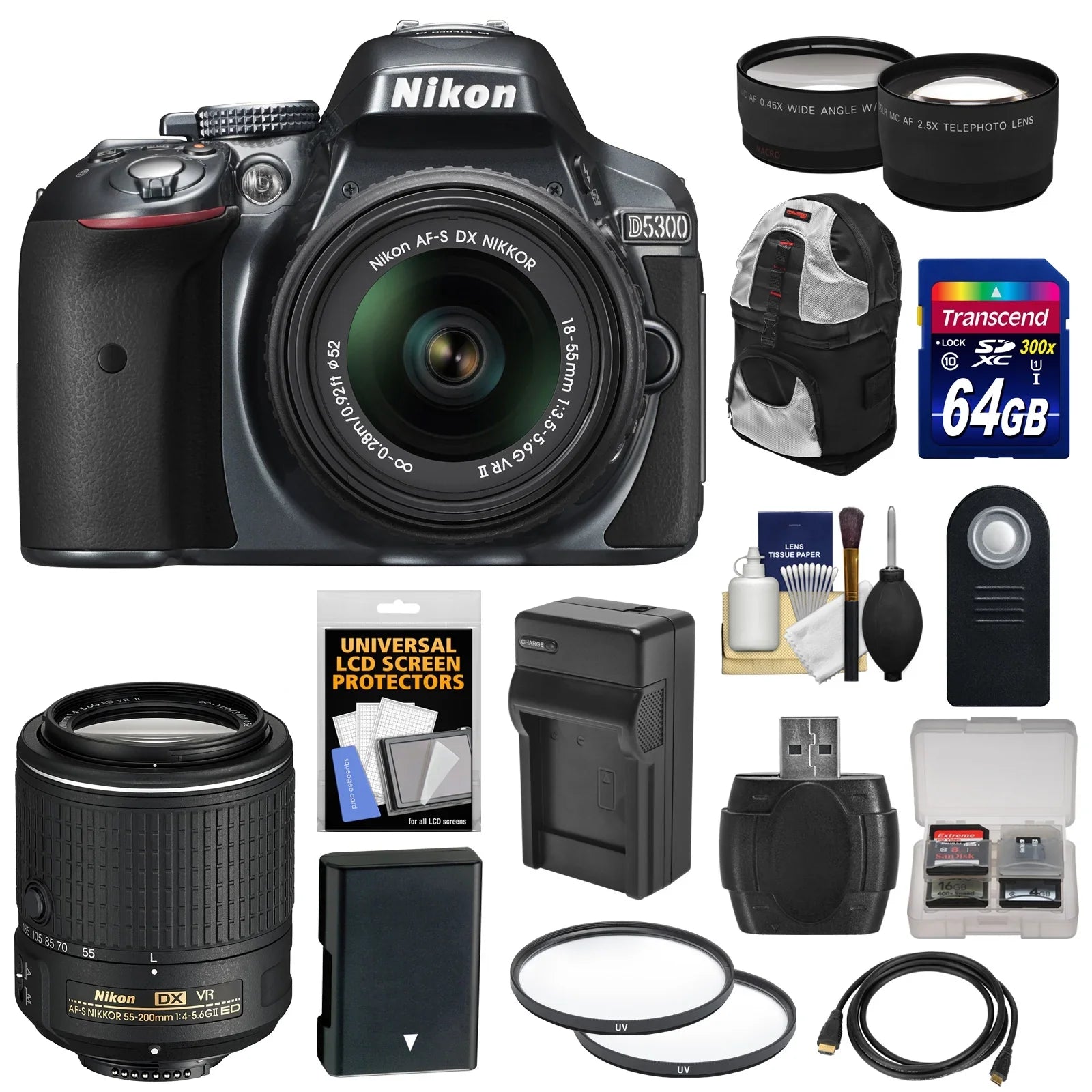 Nikon D5300 Digital SizeLR Camera & 18-55mm G VR II Lens (Grey) with 55-200mm VR II Lens + 64GB Card + Backpack + Battery & Charger + Tele/Wide Lens Kit