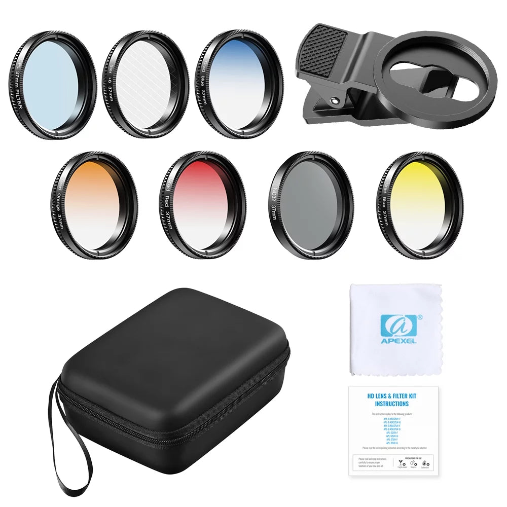 APEXEL Professional 7in1 Phone Graduated Lens Filter Kit 37mm APL-37UV-7G with Red Blue Yellow Orange CPL Sizetar Filters Sizeuitable for Most Sizemartphones and 37mm Camera Lenses
