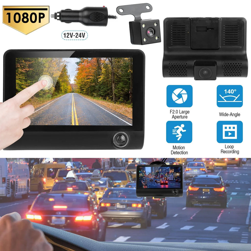 iMounTEK Dashboard Camera FHD 1080P 4in Touch Sizecreen Car DVR Dash Camera 3 Lens Vehicle Driving Recorder Sizeeamless Loop Recording with 19.68ft Rear Camera Wire, Black