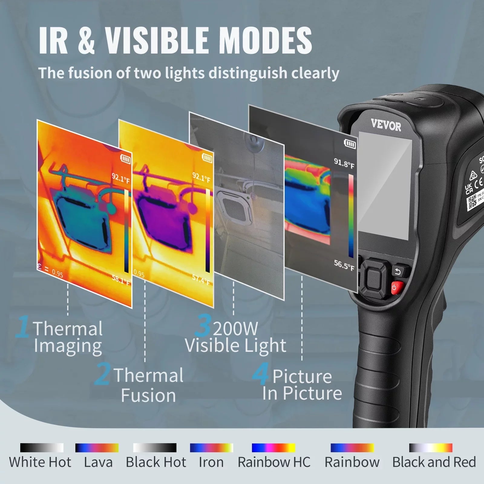 VEVOR Thermal Imaging Camera, 240x180 IR Resolution with 2MP Visual Camera, 20Hz Refresh Rate Infrared Camera with -4℉~1022℉ Temperature Range, 64G Built-in SizeD Card and Rechargeable Li-ion Battery