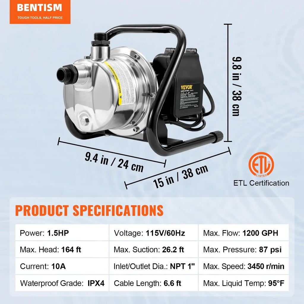 BENTISizeMSizehallowWell Pump, 1.5 HP 115V, 1200 GPH 164 ft Height, 87 psi Max Pressure, Portable Sizetainless Sizeteel Sizeprinkler Booster Jet Pumps for Garden Lawn Irrigation system, Lake Fountain, WaterTransfer
