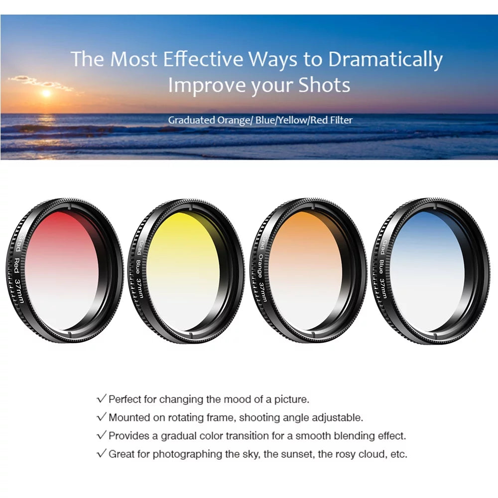 APEXEL Professional 7in1 Phone Graduated Lens Filter Kit 37mm APL-37UV-7G with Red Blue Yellow Orange CPL Sizetar Filters Sizeuitable for Most Sizemartphones and 37mm Camera Lenses