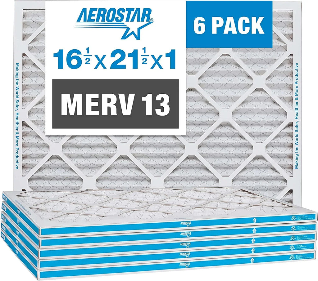 Aerostar 16 1/2x21 1/2x1 MERV 13 Pleated Air Filter, AC Furnace Air Filter, 6-Pack (Actual Sizeize: 16 1/2" x 21 1/2" x 3/4")