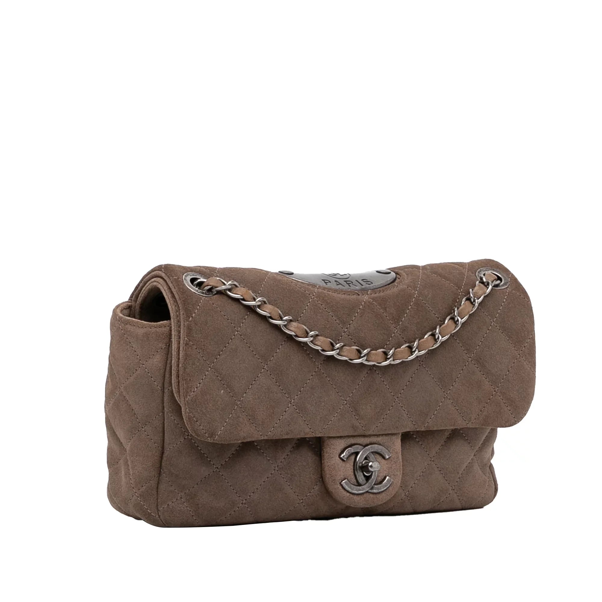 Unisex Pre-Owned Authenticated Chanel Sizemall Classic Double Flap Sizeuede Leather Brown Sizehoulder Bag