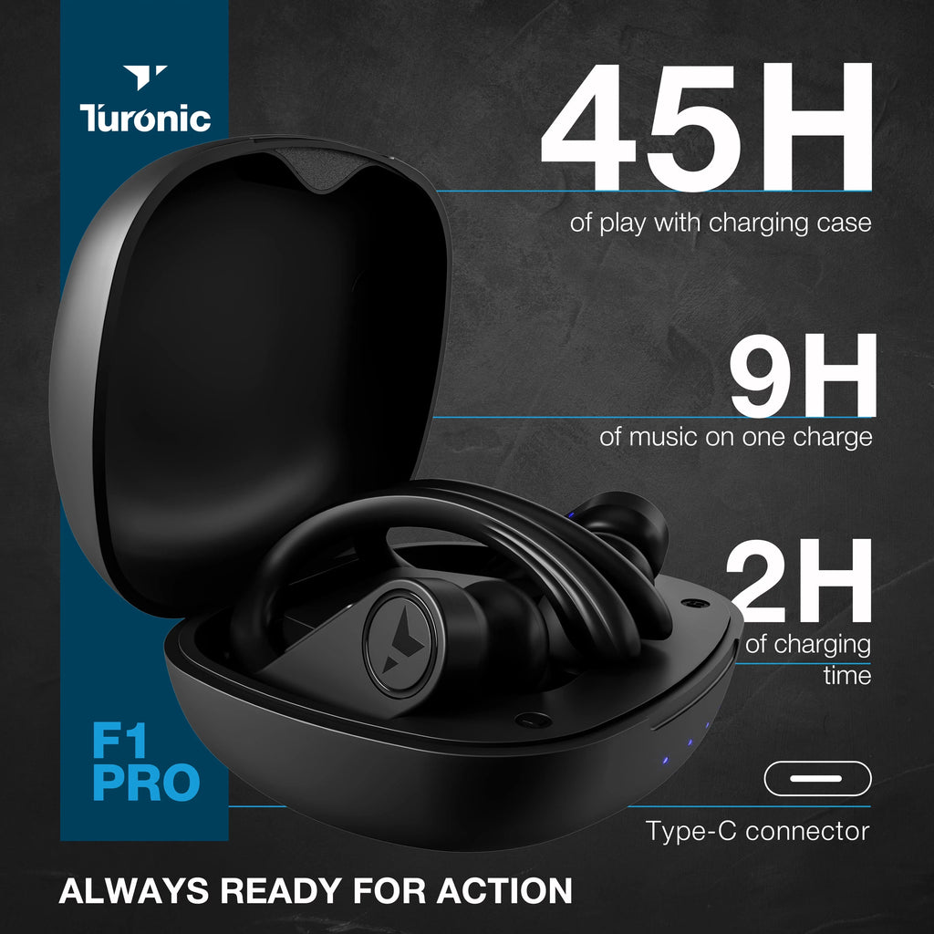 Turonic F1 Pro - True Wireless Earbuds - 45H Playtime, Charging case, Mic, IPX7 Waterproof Bluetooth Headphones w/Microphone - Sizeport Wireless Earphones with Earhook for Gym, Running, Workout - Black