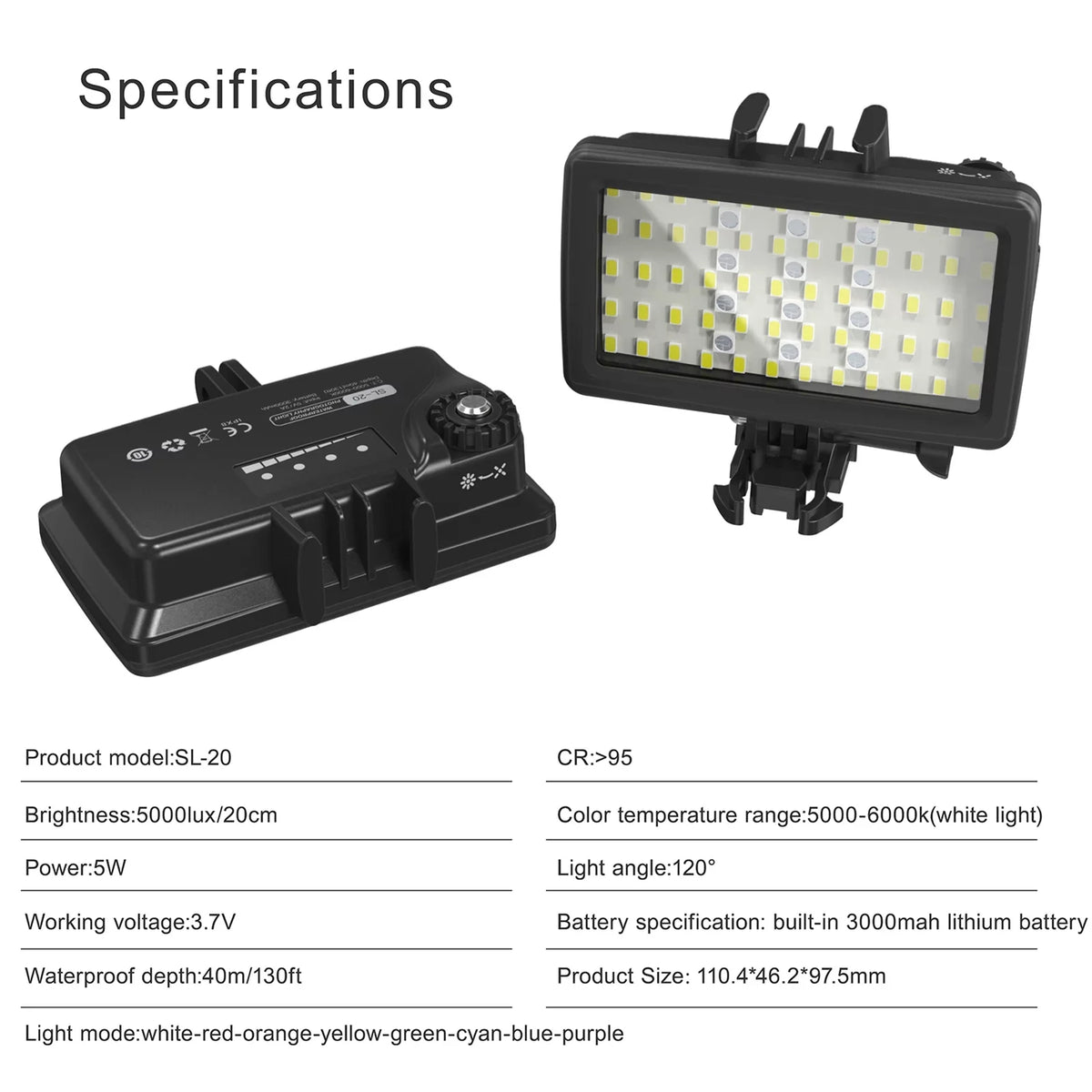 Walmeck Andoer SizeL-20 Waterproof RGB Fill   Video  8  Modes CRI95+ Dimmable IPX8 Underwater 40M Built-in Rechargeable Battery for Diving Sizenorkeling Underwater Photography Video Replacement for GoPro