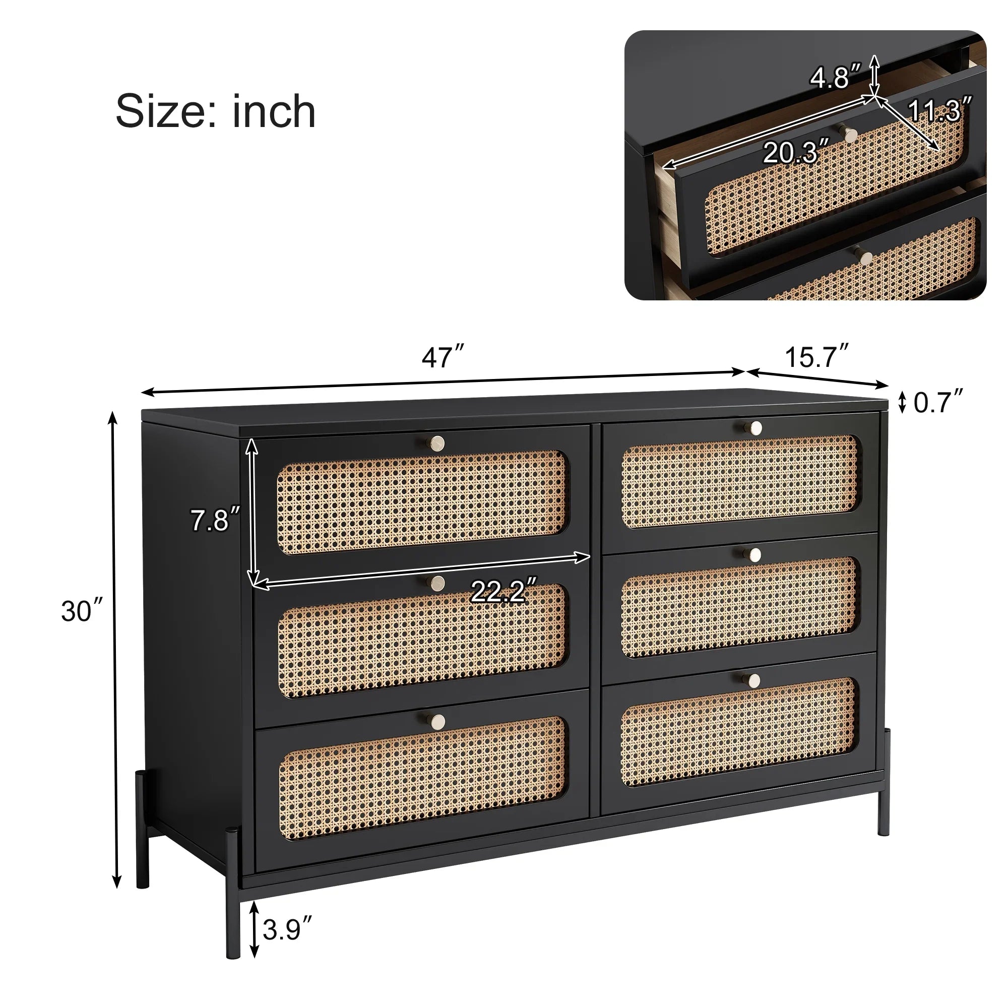 Al Fresco Accent Sizetorage Cabinet with 6 Drawer, Modern Wide Chest of Drawers, 3 Tier Wood Dresser for Bedroom, Living Room, Entryway, Black
