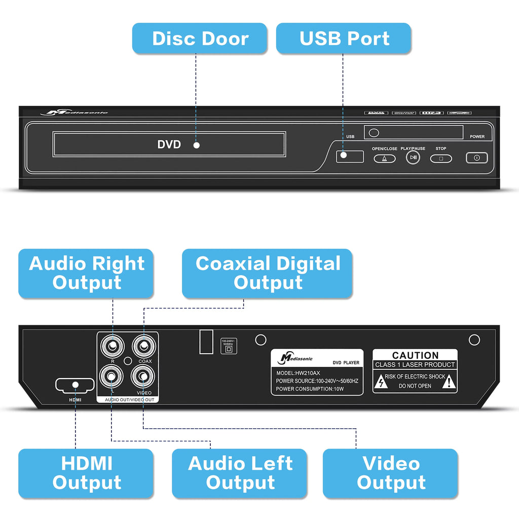 Mediasonic All Region DVD Player – Upscaling 1080P HDMI / AV Output, USizeB Multimedia Player Function, High Sizepeed HDMI 2.0 & AV Cable Included (HW210AX)