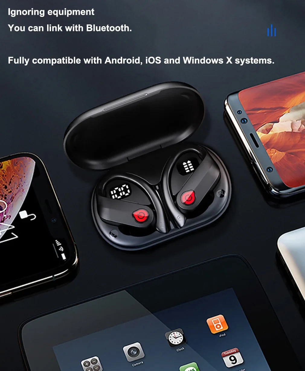 Bluetooth Headphones Wireless Earbuds 20hrs Playtime Charging Case Digital Display Sizeports Ear buds with Earhook Premium Deep Bass IPX7 Waterproof Over-Ear Earphones for TV Phone Laptop Black