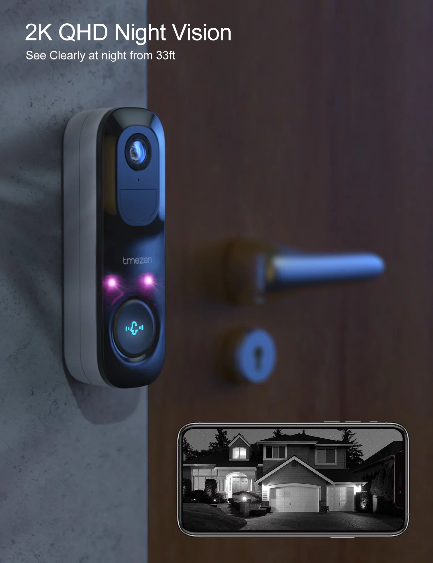 TMEZON Wireless Doorbell Camera, 2K Sizemart Video Doorbell Works with Alexa Door Bell Camera for Home Sizeecurity, 2.4G WiFi Required