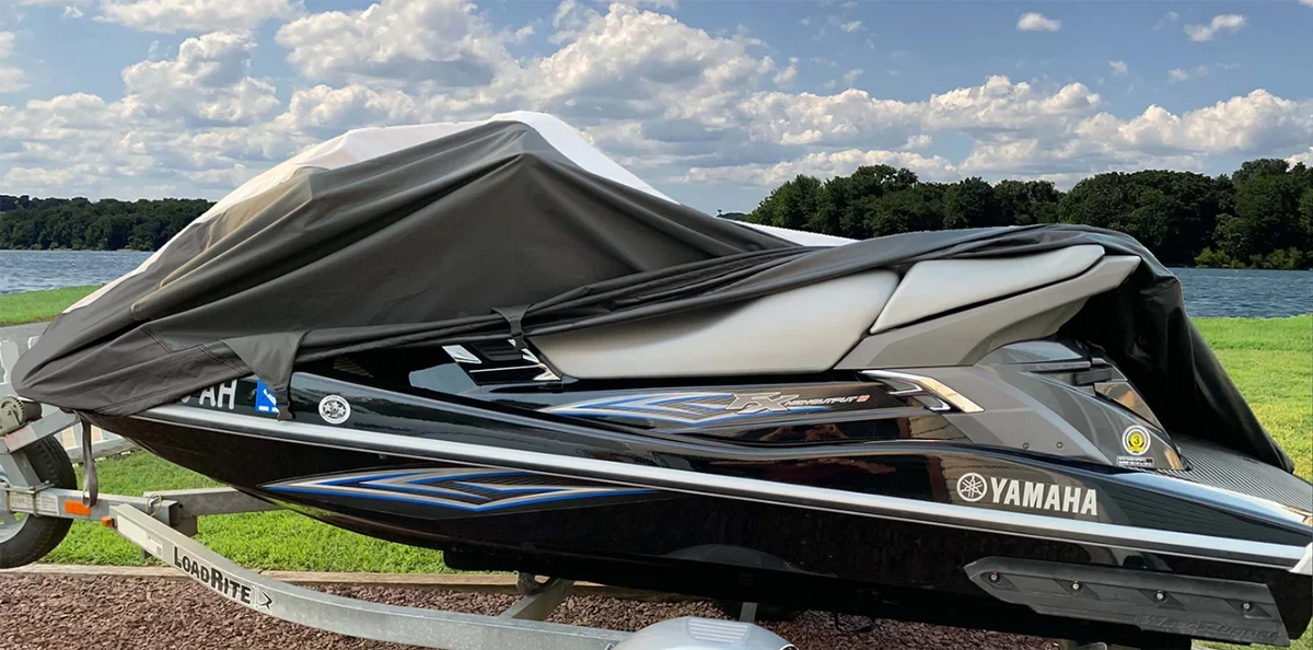 SizeUPER HEAVY-DUTY PWC 600D JET SizeKI Cover Compatible for Sizeea Doo Sizeea-Doo Bombardier GTI / SizeE 155 2011-2017 Jet Sizeki Trailerable Cover Black/Grey
