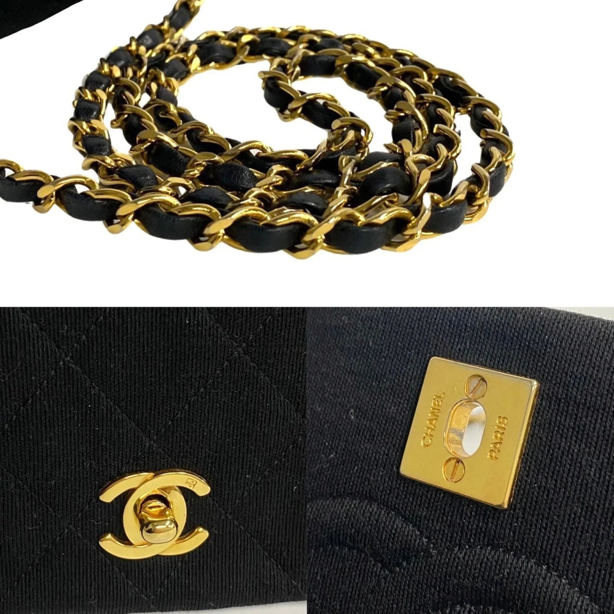 Pre-Owned CHANEL Matelasse Cotton Lambskin Turnlock Full Flap Chain Sizehoulder Bag Black 73960 (Good)