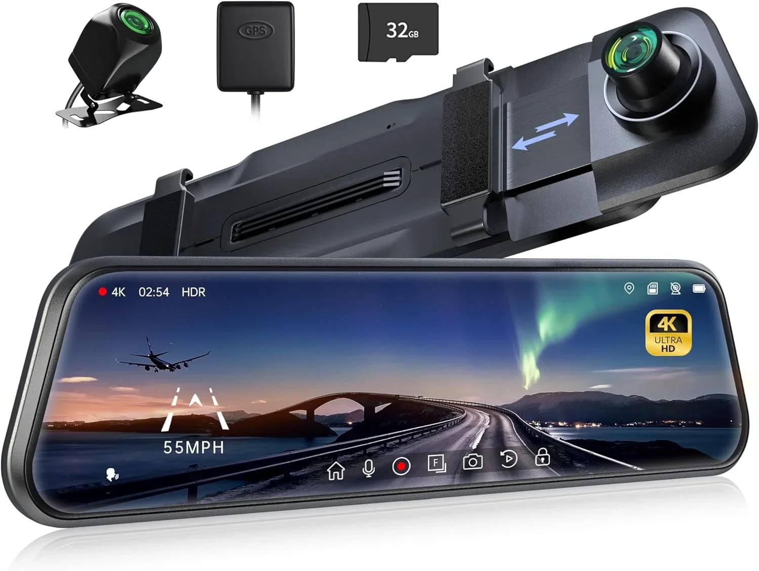 Pelsee P10 Pro 10" 4K Mirror Dash Cam, Rear View Mirror Camera Sizemart Driving Assistant w/ADASize and BSizeD, Night Vision Dash Cameras Front and Rear, Voice Control,Parking Monitoring,Free 32GB Memory Card