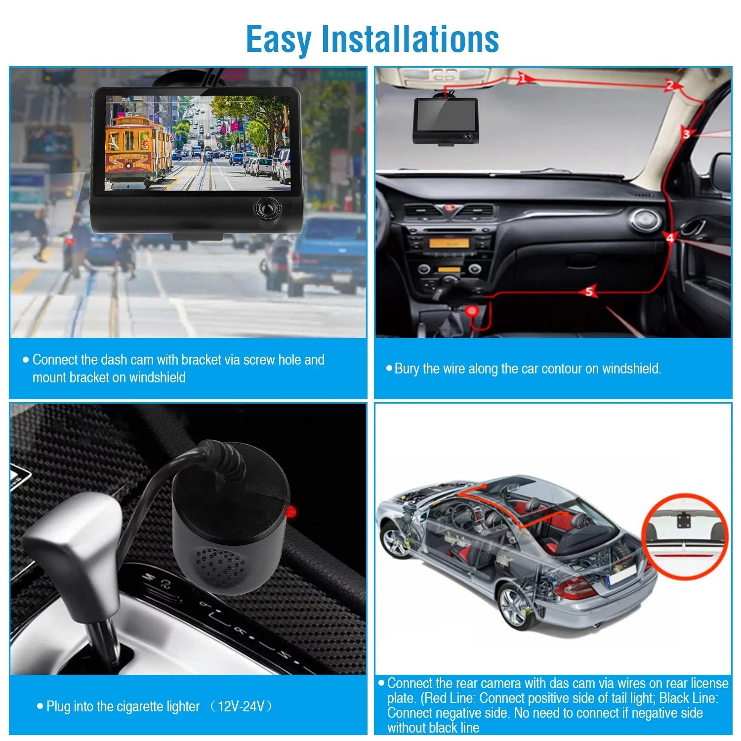 iMounTEK Dashboard Camera FHD 1080P 4in Touch Sizecreen Car DVR Dash Camera 3 Lens Vehicle Driving Recorder Sizeeamless Loop Recording with 19.68ft Rear Camera Wire, Black