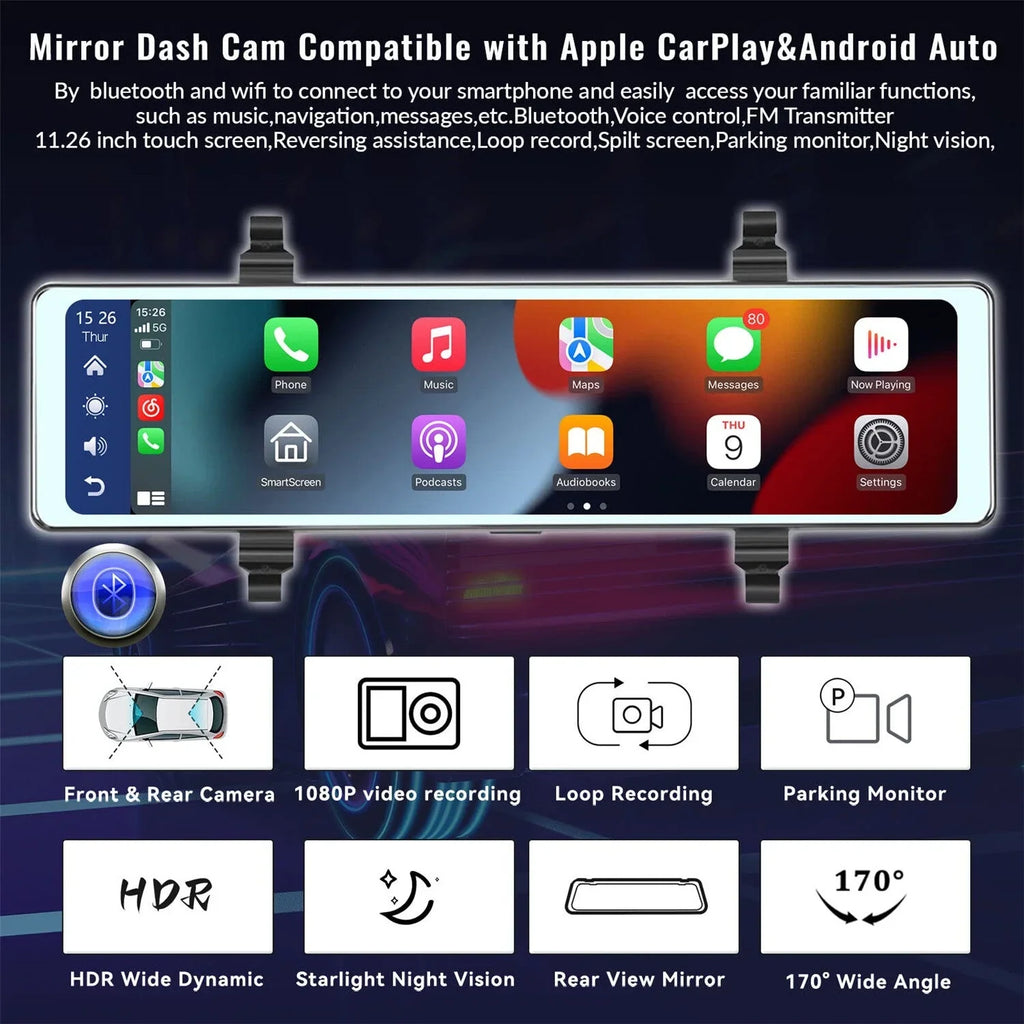 Mirror Dash Cam with Wireless Apple Carplay&Android Auto,11.26" Voice Control Rear View Mirror 1080P Front and Rear View Dual Cameras,FM Transmitter,Night Vision,Parking Assistance, WDR,Loop Recording