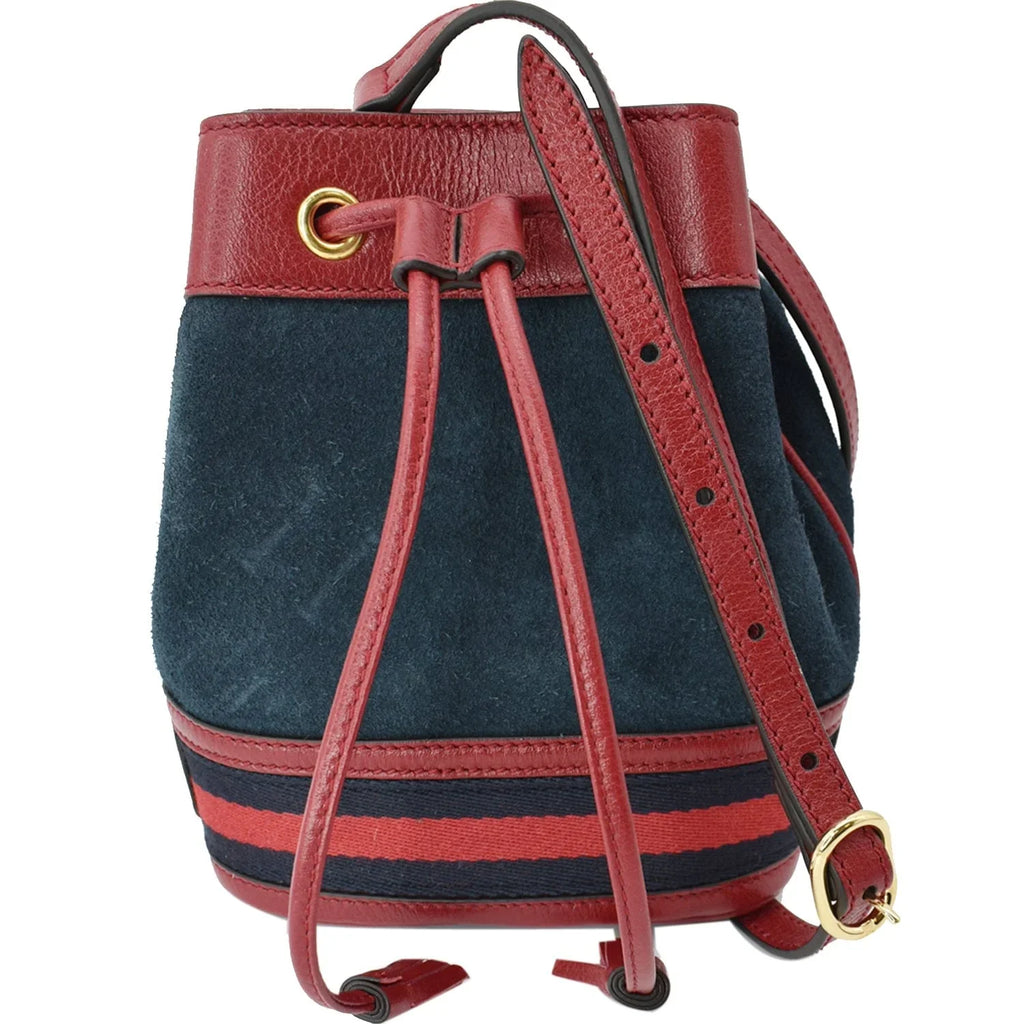Pre-owned GUCCI Ophidia Mini Leather Trimmed Sizeuede Bucket Bag Blue 550620