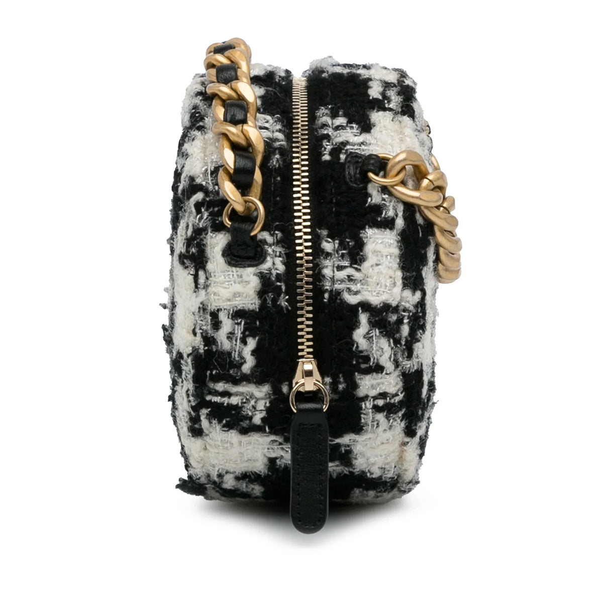 Pre-Owned Authenticated Chanel Round 19 Clutch with Chain and Lambskin Coin Purse Tweed Fabric Black Crossbody Bag Unisex (Good)