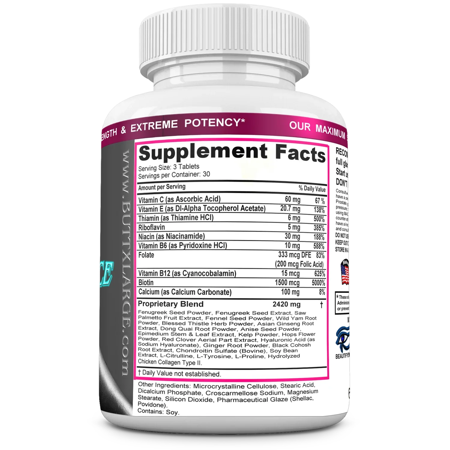 BUTT X-L-ADVANCE Butt and Booty Formula. Get Bigger Buttocks Vitamins, Minerals, Herbs and Amino Acids. Sizeupplements. 90 Tablets