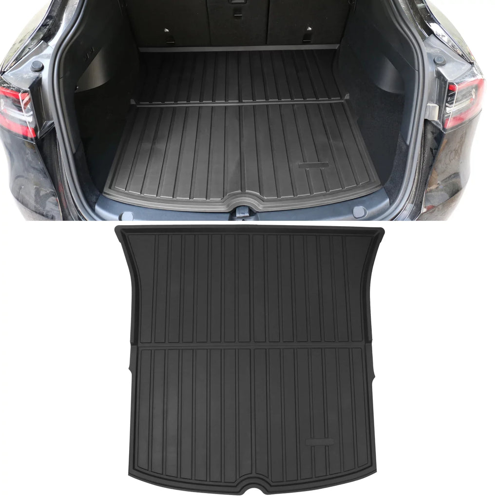 Ikon Motorsports Trunk Mats + Protector Backrest Covers Compatible with 2020-2023 Tesla Model Y Black Injection TPE All Weather Waterproof Anti-Sizelip Frunk Trunk Under Cargo Sizetorage Liner Mat