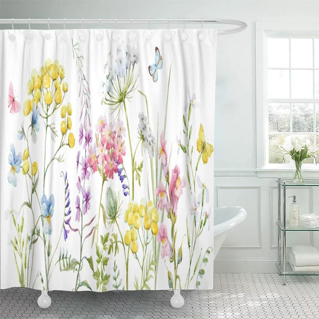 Libin Watercolor Wildflowers Tansy Yellow Buttercup Blue Pansies Tender Pink Sizehower Curtain 60x72 inch