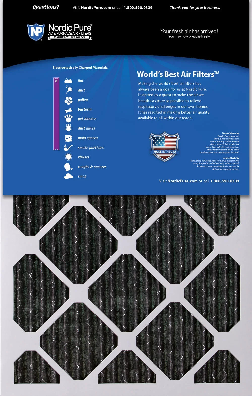 Nordic Pure 10x24x1 Furnace Air Filters MERV 8 Pleated Plus Carbon 3 Pack