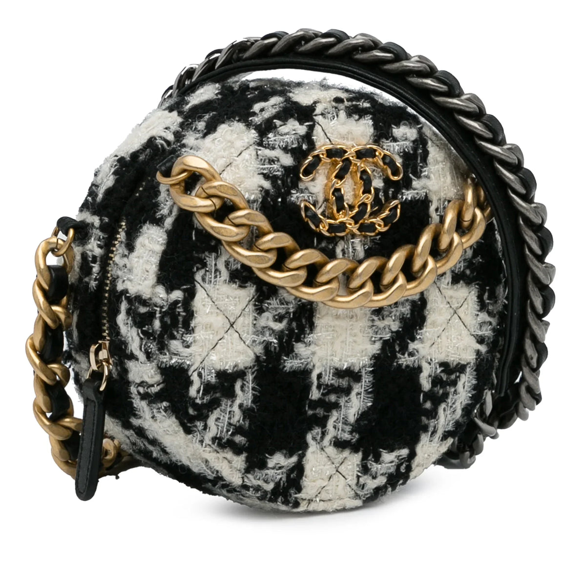 Pre-Owned Authenticated Chanel Round 19 Clutch with Chain and Lambskin Coin Purse Tweed Fabric Black Crossbody Bag Unisex (Good)
