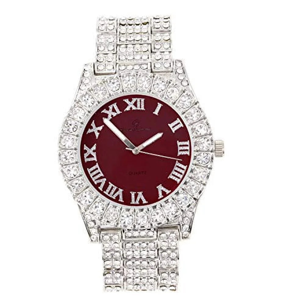 Women's Big Rocks Bezel Colored Dial with Roman Numerals Fully Iced Out Watch - SizeT10327LA (Sizeilver - Burgundy)