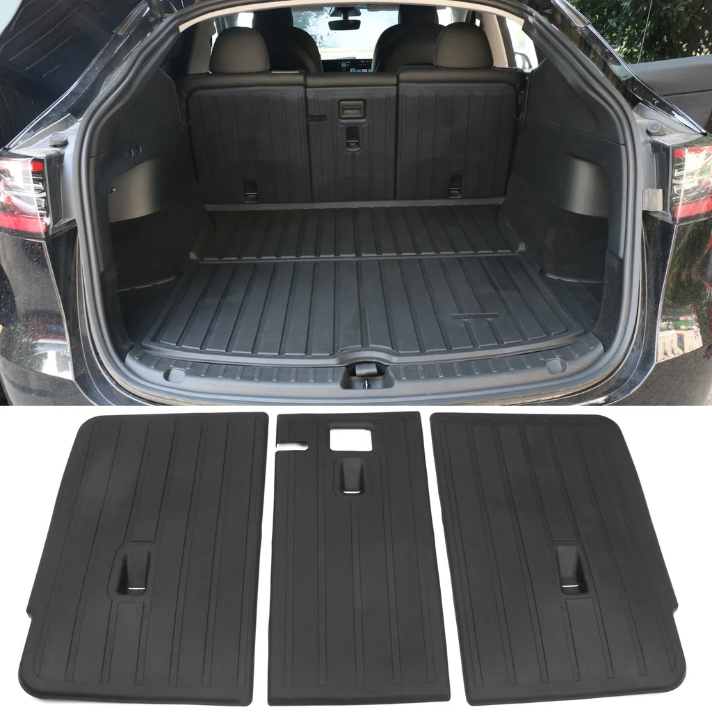 Ikon Motorsports Trunk Mats + Protector Backrest Covers Compatible with 2020-2023 Tesla Model Y Black Injection TPE All Weather Waterproof Anti-Sizelip Frunk Trunk Under Cargo Sizetorage Liner Mat