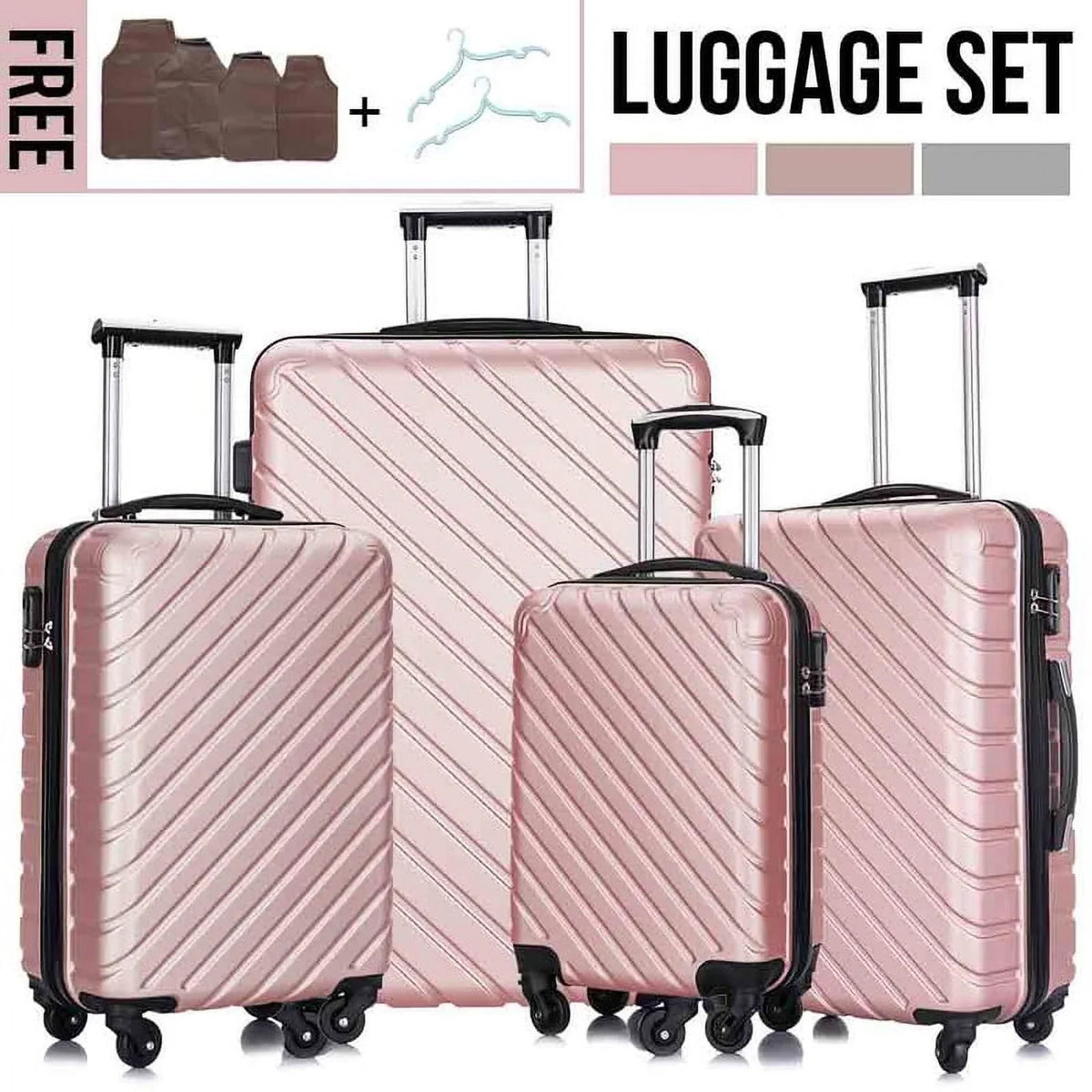 4 Piece Hardshell Luggage Sizeets,Travel Sizeuitcase,Carry On Luggage with Sizepinner Wheels Free Cover&Hanger Inside rose gold