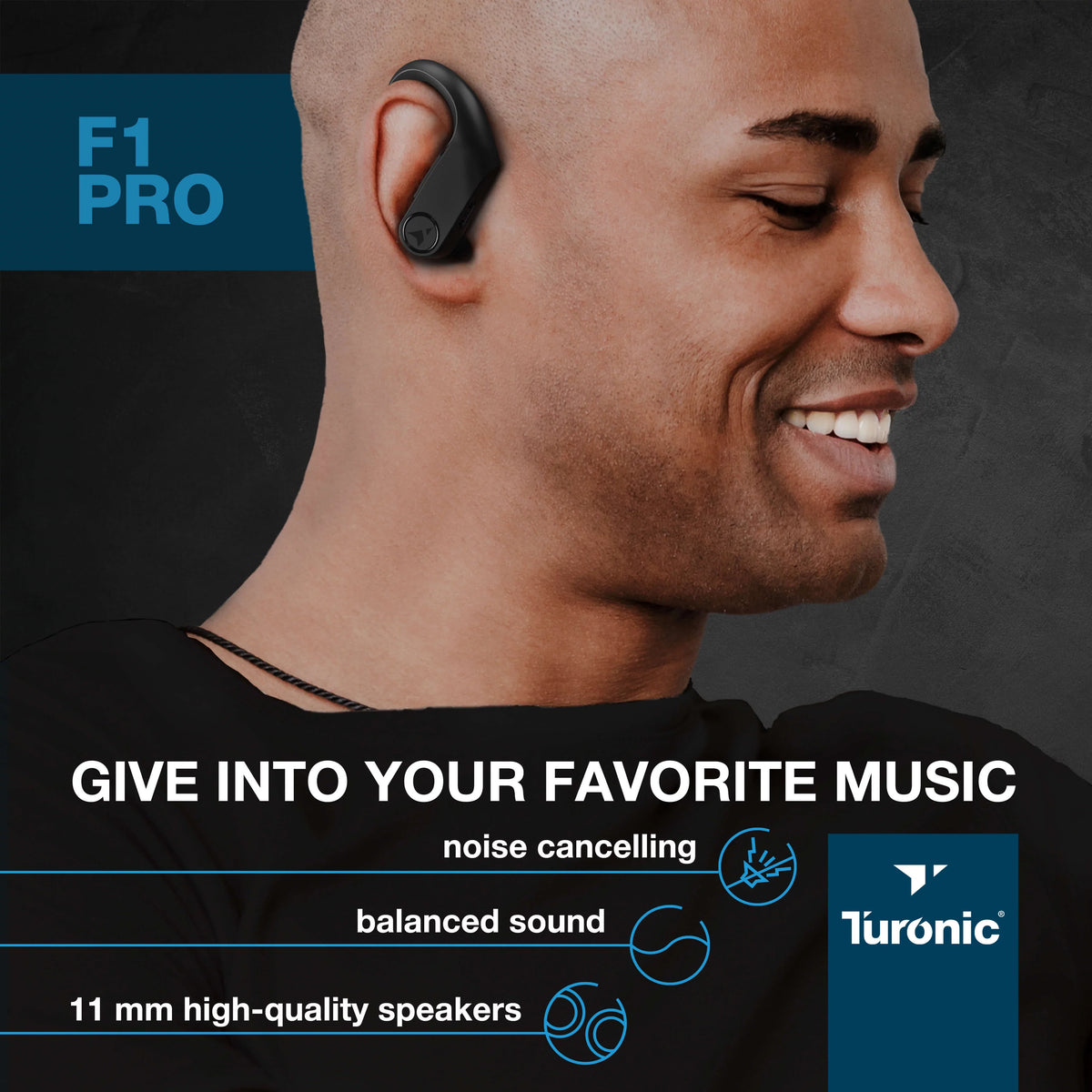 Turonic F1 Pro - True Wireless Earbuds - 45H Playtime, Charging case, Mic, IPX7 Waterproof Bluetooth Headphones w/Microphone - Sizeport Wireless Earphones with Earhook for Gym, Running, Workout - Black