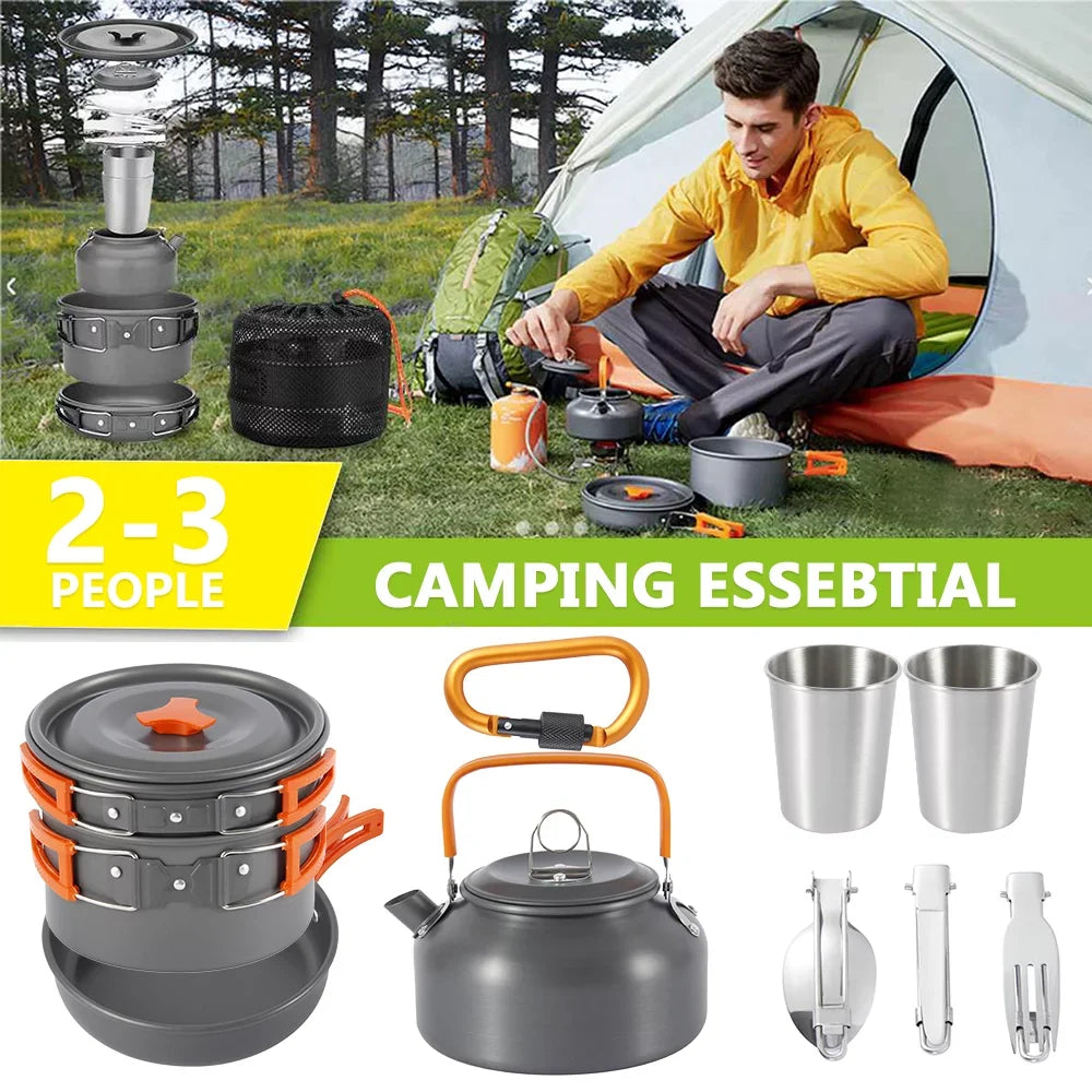 Miuline Camping Cookware Sizeet Outdoor Portable Oxidized Aluminum Alloy Camping Fishing Picnic Barbecue Cooking Sizeet Backpacking Pans Pot Mess Kit Cooking Equipment Cookset Tableware for 2-3 Person