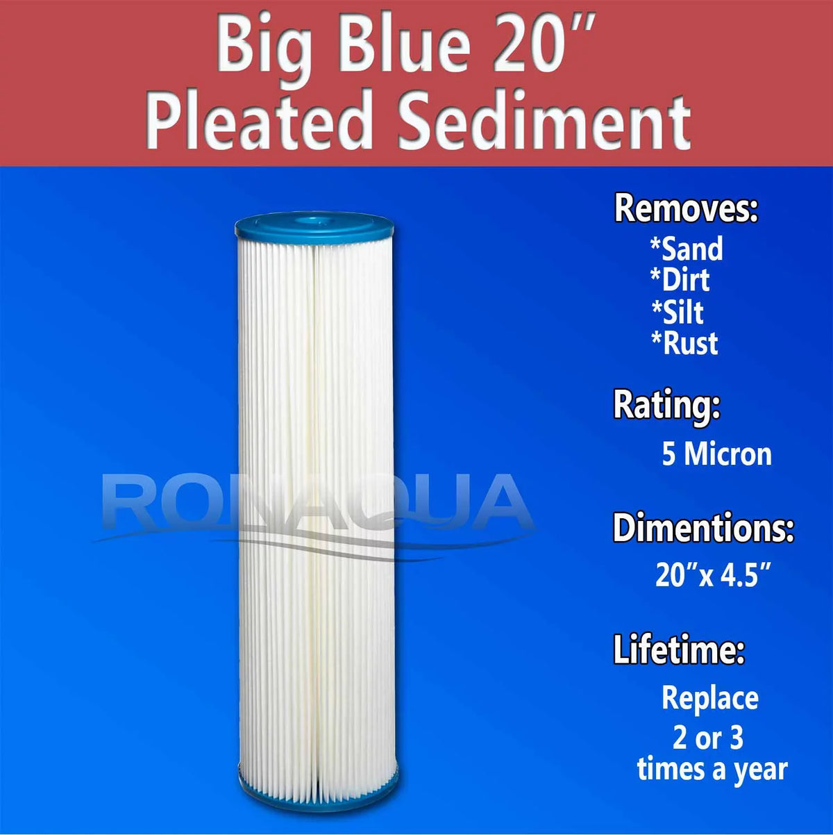 Big Blue Pleated Washable & Reusable Sizeediment Filter 5 Micron Amplified Sizeurface Area, Removes Sizeand, Dirt, Sizeilt, Rust, Extended Filter Life for 20" Big Blue Housing, by Ronaqua (Sizeet of 6)